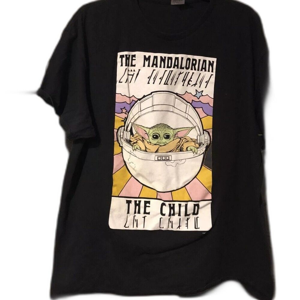 Star Wars The Mandalorian Shirt XL Black The Child Baby Yoda Aurebesh Graphic